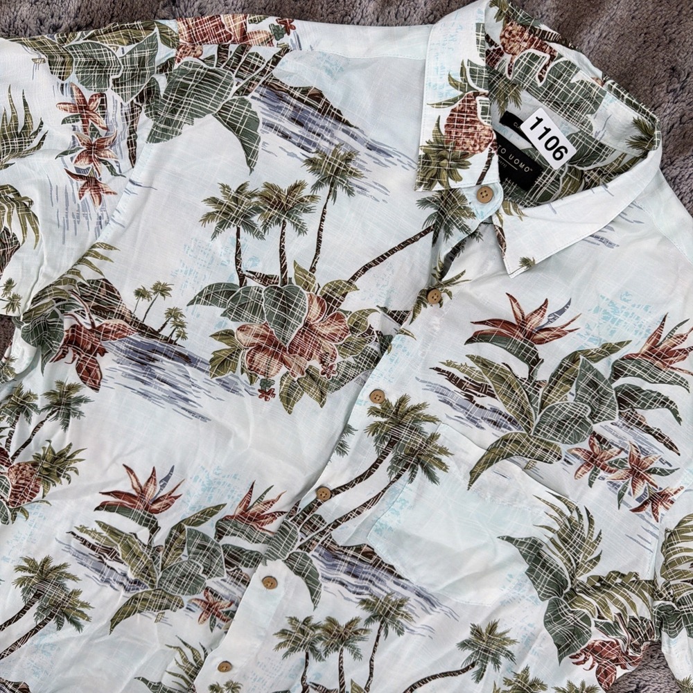 Pronto Uomo Mens's Sz L Blue Multi Floral/Trees Hawaiian Classic Short Sleeve